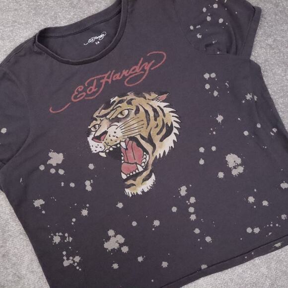 Vintage Ed Hardy Tiger Black Bleach Splash XL Short Sleeve Single Stitch T-Shirt - Picture 9 of 10